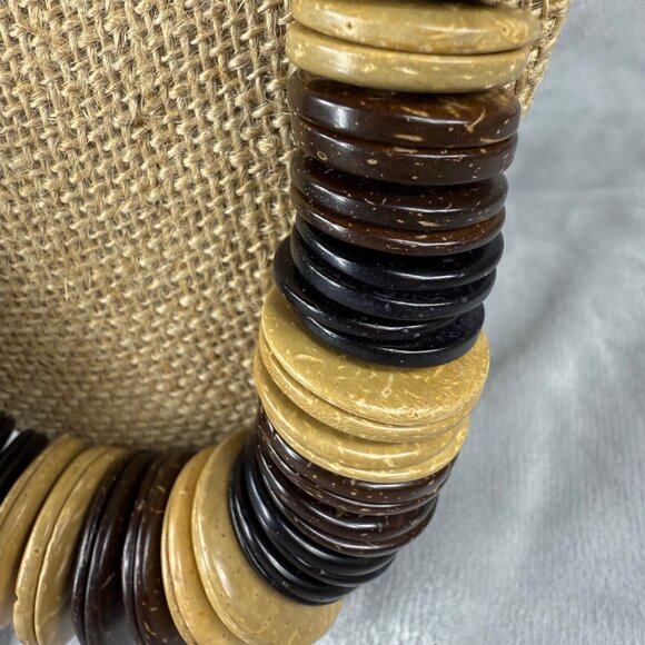 Chunky Natural Wood Bead Necklace Black Brown/Beige Layers & Loop Button Closure - Picture 11 of 16